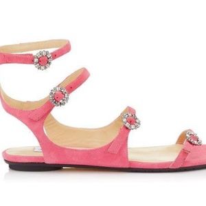 JIMMY CHOO NAIA Flat Flamingo Suede Sandals With Crystal Buckles